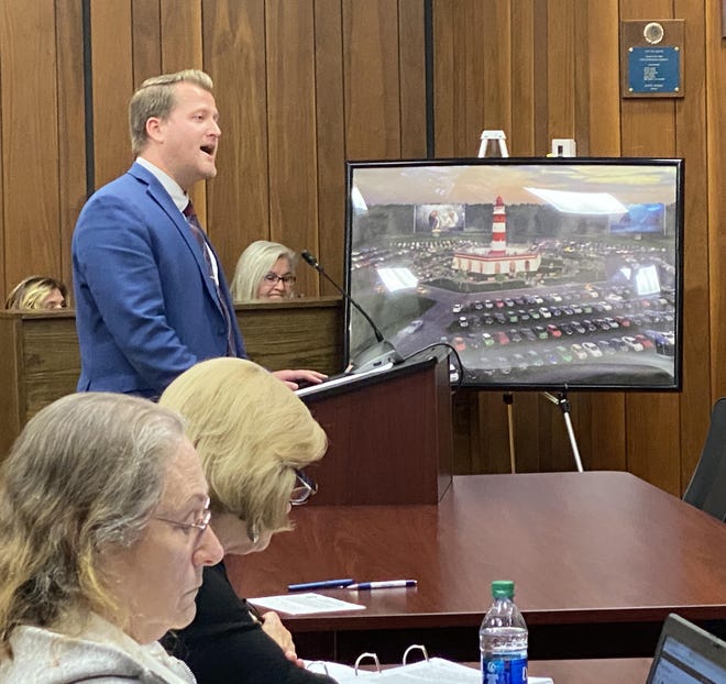 Developer Spencer Folmar of SpenceTF, LLC, during a special meeting Thursday, speaks about his proposal for LIghthouse 5, a project that would bring a huge drive-in movie theatre and family entertainment destination to Eustis. [Roxanne Brown/Daily Commercial]