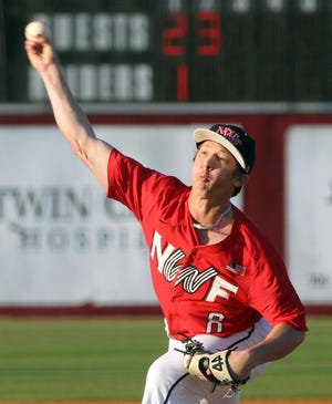 NWF State's Jacob Kush delivers the heat during a 7-5 Raiders win over Tallahassee on Thursday in Niceville. [MICHAEL SNYDER/DAILY NEWS]
