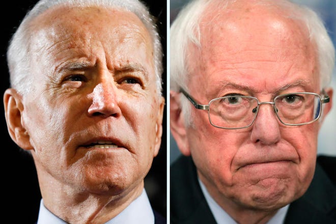 This combined image shows Democratic presidential candidate former Vice President Joe Biden and Democratic presidential candidate, Sen. Bernie Sanders, I-Vt., as they discuss coronavirus with reporters and the public on Thursday. [Photos by Matt Rourke and Charles Krupa/The Associated Press]