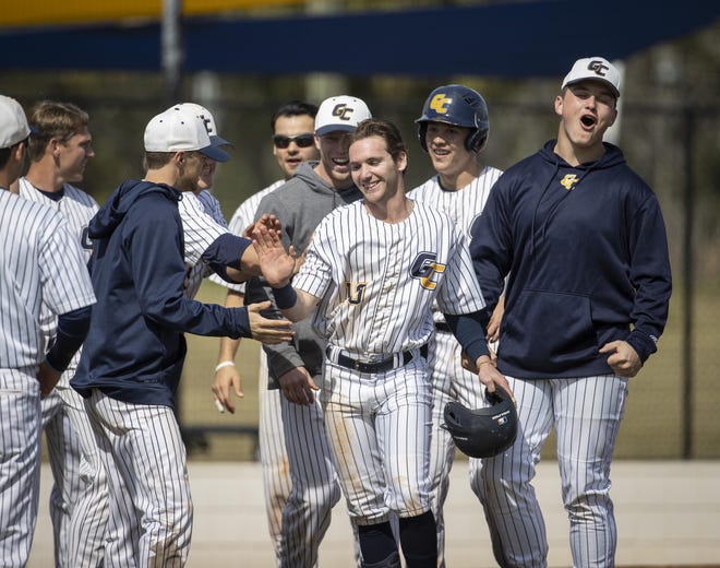Gulf Coast’s Reid Halfacre celebrates his two-run home run in a game against Blackhawk College on Saturday, March 7, 2020. [MIKE FENDER/FOR THE NEWS HERALD]