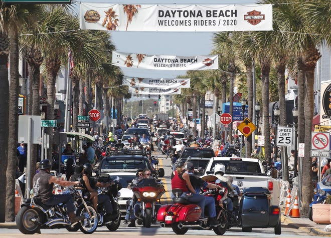 Bikers and cars fill Main Street during Bike Week in Daytona Beach, Saturday, March 14, 2020. [News-Journal/Nigel Cook]