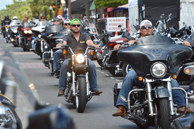Motorcycles roll down Main Street during the 22nd Annual Leesburg Bikefest. This year’s event has been canceled. [Whitney Lehnecker/Daily Commercial]