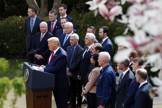 President Donald Trump speaks during a news conference about the coronavirus in the Rose Garden at the White House, Friday, March 13, in Washington. (AP Photo/Alex Brandon)