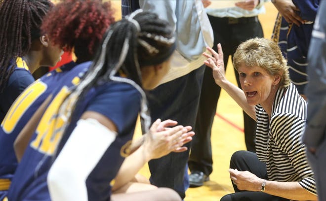 Gulf Coast coach Roonie Scovel speaks to her team during action against Florida Southwestern in NJCAA District VIII women’s quarterfinal basketball game played Thursday, March 5, 2020 at Northwest Florida State College in Niceville. [MICHAEL SNYDER/DAILY NEWS]