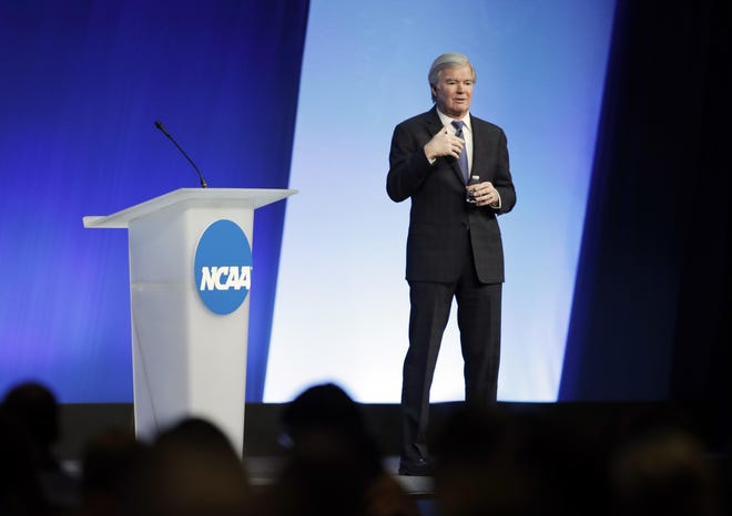 NCAA President Mark Emmert speaks during the NCAA Convention, Thursday, Jan. 18, 2018, in Indianapolis. (AP Photo/Darron Cummings)