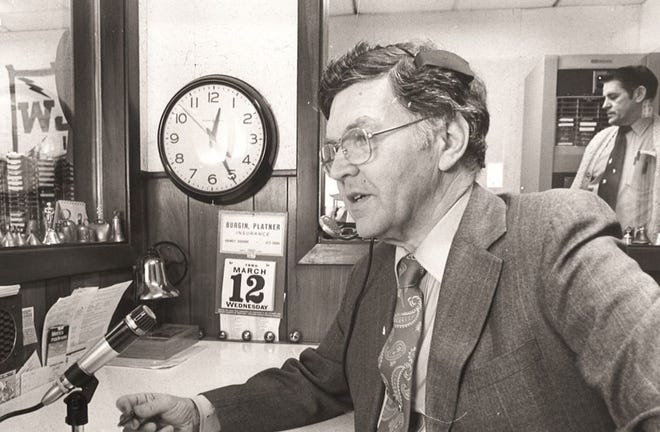 Win Bettinson at his job as program director at WJDA radio in Quincy in March 1980. He was longtime host of the Party Line morning show.
