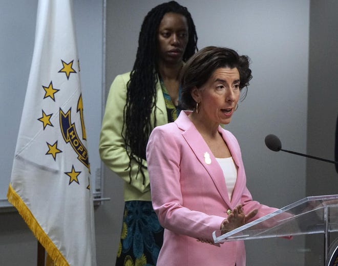 Providence, RI, March 16, 2020 - Gov Gina Raimondo (with Dept of Health Dir. Nicole Alexander-Scott) announces new restrictions limiting gatherings to 25 people in fighting the coronona virus. Daily Gov Gina Raimondo press conference at the Administration building. [The Providence Journal / Kris Craig]