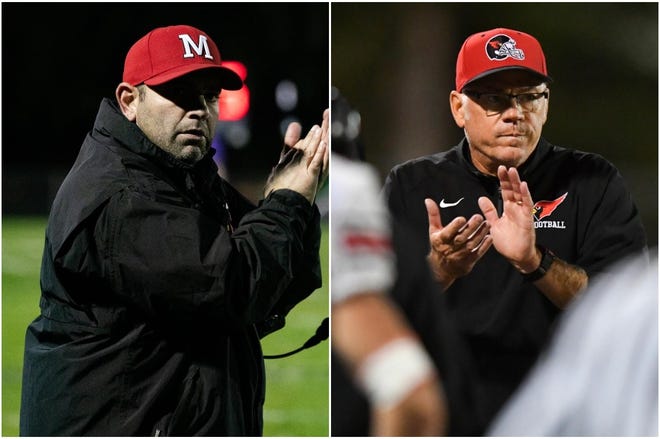 Longtime assistant and former Metamora football player Jared Grebner, left, was named head coach of the varsity program this week. The 41-year-old takes over for Pat Ryan, right, who retired after 30 years at the helm. [COURTESY CHRISTOPHER LEE; JOURNAL STAR ARCHIVES]