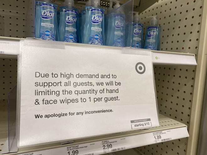 A sign at a Target store alerts customers to the rationing of certain products, including hand and face wipes, to one per guest due to high demand during the coronavirus public health crisis recently. Water utilities all over Volusia County are reminding people not to flush the wipes - or anything other then toilet paper and “the obvious” or sewer systems will get backed up. [Gary T. Mills, The Florida Times-Union]