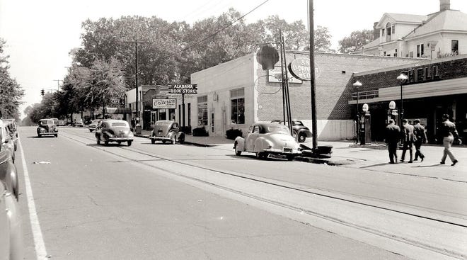 This 1950s image of The Strip, showing the Alabama Bookstore and the gas station that later became Gallette's, is among the historic footage included in "The Strip: Tuscaloosa's Most Colorful Quarter Mile." The locally-made documentary by filmmaker Rick Dowling is now free to view online. [Submitted photo]
