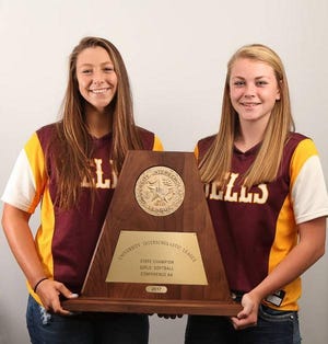 Four years ago, Bells' Cheyenne Floyd (right) and Bella Smith started an amazing softball run that included back-to-back state titles. A chance at a third championship is on hold and may not resume due to the coronavirus pandemic. [Herald Democrat File Photo]