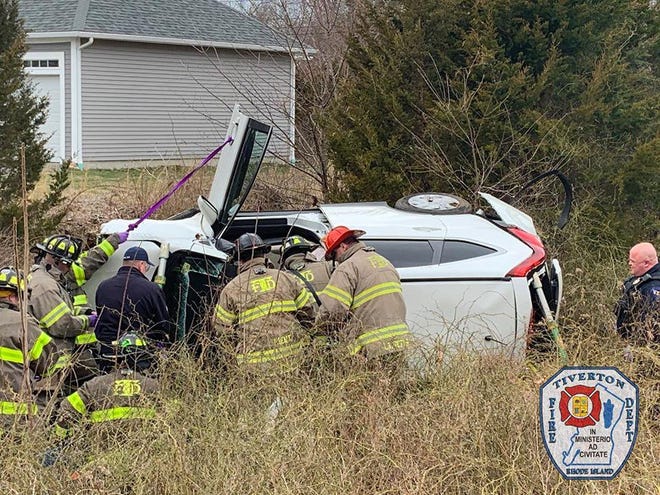 The Tiverton Fire Department responded to a rollover Monday morning. [PHOTO COURTESY TIVERTON FIRE DEPARTMENT]