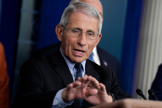 Dr. Anthony Fauci, director of the National Institute of Allergy and Infectious Diseases, speaks during a press briefing with the Coronavirus Task Force on March 16 at the White House. [The Associated Press]