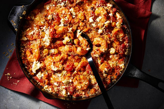 Baked Tomatoes, Shrimp and Chickpeas With Feta and Bread Crumbs. [The Washington Post / Tom McCorkle]