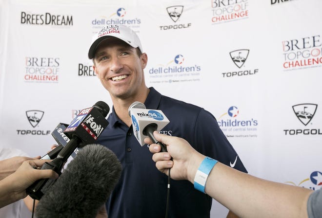 Drew Brees, speaking to members of the media at TopGolf in Austin in 2016, has pledged $5 million to help Louisiana cope with the coronavirus crisis. [LAURA SKELDING / AMERICAN-STATESMAN]