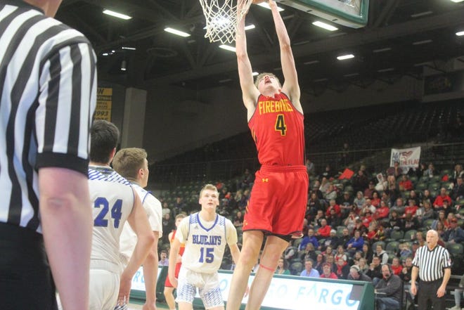 Devils Lake's Grant Nelson goes up for a dunk attempt against Jamestown during a NDHSAA state basketball quarterfinal Thursday, March 12, 2020 in Fargo. Nelson was an unanimous all-state selection for Class A.