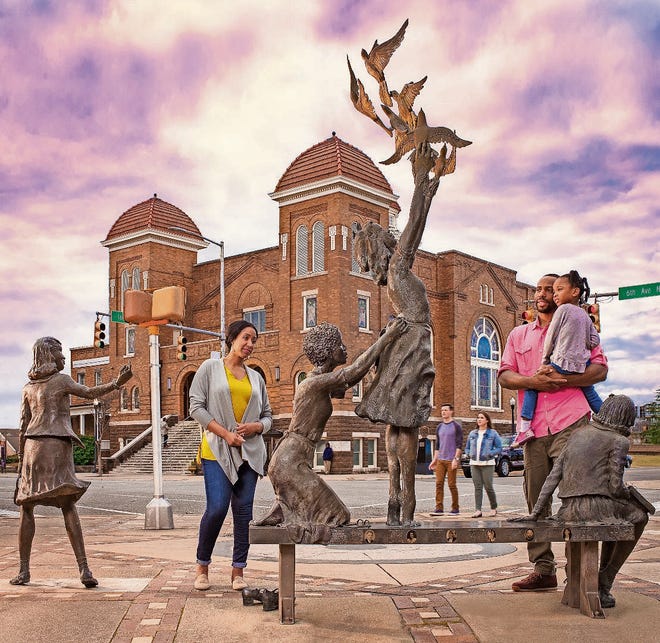 The Four Spirits statue in Kelly Ingram Park, which is part of the Birmingham Civil Rights District, is a tribute to the four girls killed in the bombing of the 16th Street Baptist Church. [GREATER BIRMINGHAM CONVENTION & VISITORS BUREAU]