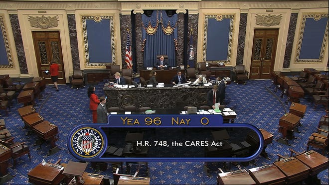 The final vote of 96-0 shows passage of the $2.2 trillion economic rescue package in response to coronavirus pandemic, passed by the Senate at the U.S. Capitol on Wednesday in Washington. [Senate Television via AP]
