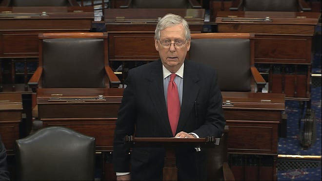 In this image from video, Senate Majority Leader Mitch McConnell, R-Ky., speaks on the Senate floor at the U.S. Capitol ON Wednesday in Washington. [Senate Television via AP]