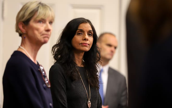 Public Health Commissioner Dr. Monica Bharel, pictured on March 18 in the governor's press room, has participated in Gov. Charlie Baker's daily briefings on the status of COVID-19 in Massachusetts. [Sam Doran/SHNS]