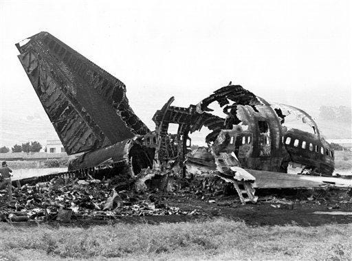 The remains of a KLM jumbo jet which collided with a Pan Am jumbo jet sits in ruins at Los Rodeos airport, Santa Cruz de Tenerife, on March 27, 1977. The world's worst air disaster killed 583 people when a KLM jet crashed into a Pan Am 747 as it attempted to take off. [THE ASSOCIATED PRESS]