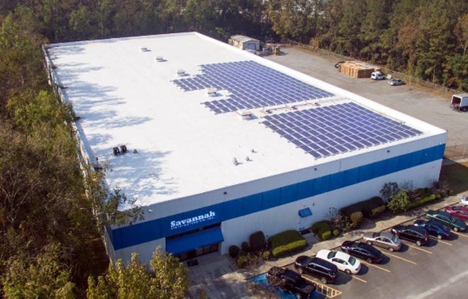 Proponents would like to see more solar in Savannah like this solar array on the rooftop of Savannah Distributing on West Gwinnett near I-516. [Photo courtesy Hannah Solar]