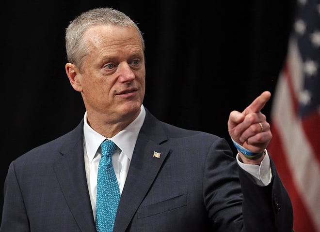 Gov. Charlie Baker said even though people should be practicing social distancing, hospitals still need donated blood. [Photo: Matt Stone/Boston Herald/Pool]