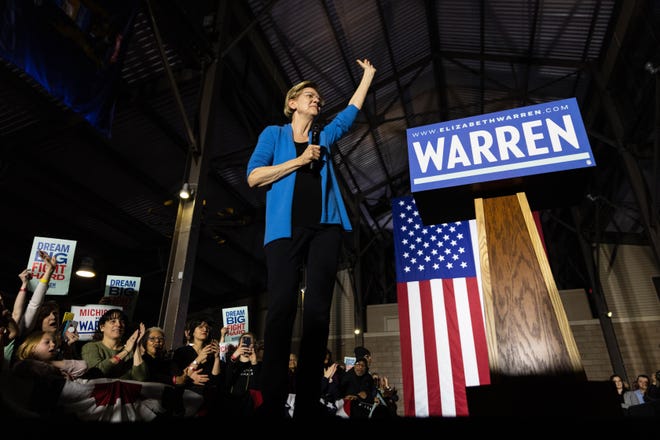 Elizabeth Warren speaks during a rally held on super Tuesday, March 3, in Detroit. [Megan Jelinger/SOPA Images/Zuma Press/TNS]