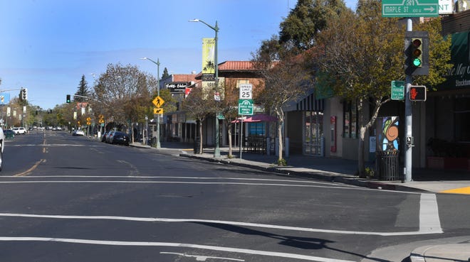 The normally busy Miracle Mile is largely empty of people and cars, a stark illustration of how badly the hospitality and travel sector in Stockton has been hit by the response to COVID-19, the new coronavirus. Economist Jeffrey Michael said. [CALIXTRO ROMIAS/THE STOCKTON RECORD]