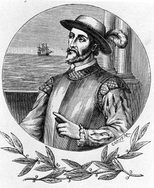 A illustration of Juan Ponce de Leon from Eugenio Ruidiaz y Caravia's, "La Florida; su conquista y colonizacion por P. Menendez de Aviles", published in Madrid, 1893. The fact that he made the first recorded landing of white men in Florida on April 2, 1513, is in dispute by several experts in a new book. [State Archives of Florida]