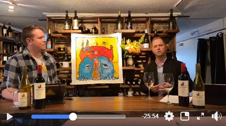 Andrew Bopes (left) and David Koebley discuss wines via Facebook Live from Mon Ame Chocolate & Wine Bar in downtown Wilmington. [SCREENSHOT]