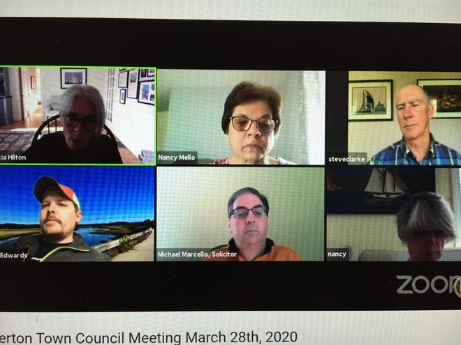 Members of the Tiverton Town Council on Saturday via a Zoom video conference discuss the interim town administrator position. [MARCIA POBZEZNIK/DAILY NEWS PHOTO]