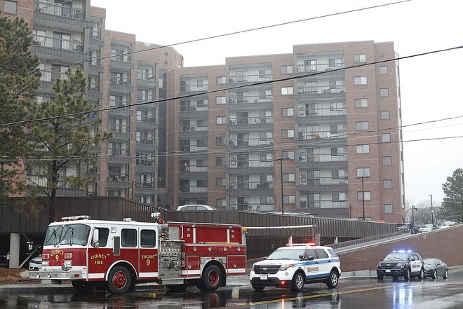 First responders at 90 Quincy Shore Drive in Quincy where a man jumped from the eighth floor and died on Sunday March 29, 2020. The death happened at about 12:14 p.m. Quincy police said on Sunday the incident remained under investigation and would not release more details until they notified the man's family. (Greg Derr/The Patriot Ledger)