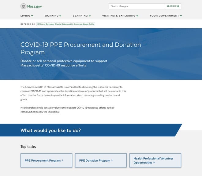 A screenshot of the state's new COVID-19 PPE Procurement and Donation Program website. (Courtesy Graphic via mass.gov)