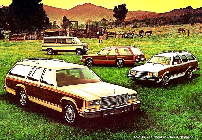The family of Ford Station Wagons in 1979 included the big LTD, followed by the Pinto, Fairmont and Club Wagon, the latter, a van style people mover. All models sold well that year. [Ford]