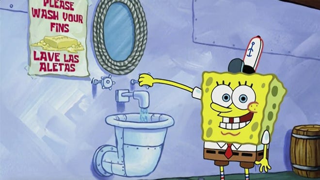 This image released by Nickelodeon shows animated character SpongeBob SquarePants demonstrating effective handwashing in a video to be shown on Nickelodeon’s cable and digital platforms. Nickelodeon is airing a special with a “kid’s-eye view” of the coronavirus pandemic to address youngsters' concerns and help families weather the crisis. The special, also showing on TeenNick and Nicktoons, is part of the #KidsTogether initiative that launched this month and enlists familiar Nick faces to help people stay healthy and active. [NICKELODEON VIA ASSOCIATED PRESS]