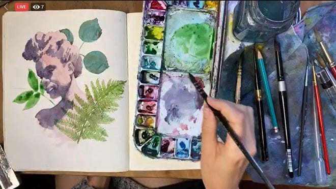 A screen-grab from artist Heather Clements’ live sketchbook session from March 26 shows her working in watercolors. [TONY SIMMONS/THE NEWS HERALD]