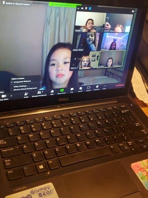 Members of the Saugus Girl Scout Troop 67744 that took part in a March 25 Zoom video conference meeting included Ella Falasca, Marian Muldoon, Ashlyn Michaud, Lily Gibbs, Kaelyn Peterson, Georgia Condakes and Addison Beatty. Courtesy photo
