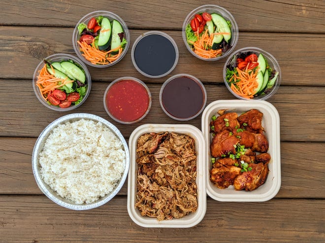 The “Flat Waves Family Dinner” includes grilled chicken, smoked pulled pork, house salad, sticky white rice, toppings and their signature “Almost Famous” sauces. [CONTRIBUTED PHOTO]