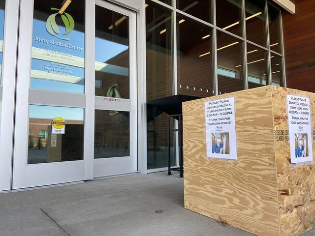 Story County Medical Center in Nevada placed a drop-box in front of its building for people to leave donations. They are also working with Story County Emergency Management for resource collection and distributions throughout the county. Photo by Kylee Mullen/Ames Tribune