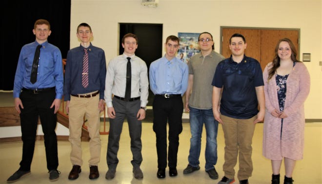 Strasburg students inducted into the National Honor Society were: Spencer Dailey (left), Hayes Johnson, Wade Hostetler, Kyle Ross, Chase Kaiser, Cole Loveday and Makayla Reiger. (Submitted photo)
