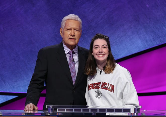 Telford resident and Carnegie Mellon University senior Emma Farrell with Jeopardy host Alex Trebek. [COURTESY JEOPARDY PRODUCTIONS, INC.]