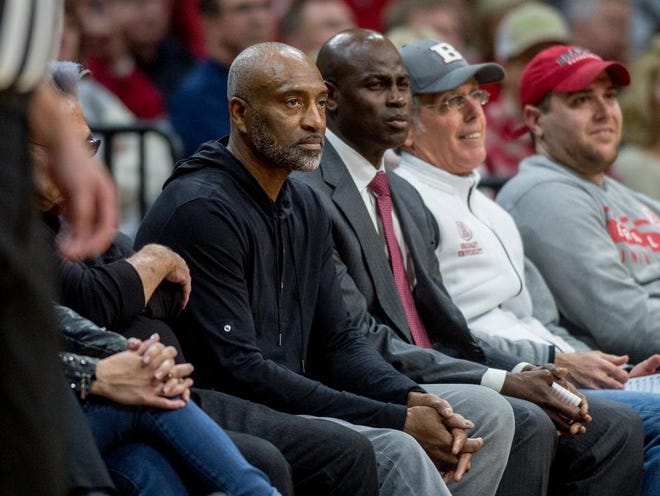 Bradley University legend and retired NBA player Hersey Hawkins watches the Braves take on Radford on Friday Nov. 22, 2019, at Carver Arena. To his left is Bradley athletics director Chris Reynolds. The Braves defeated the Highlanders 70-61. [MATT DAYHOFF/JOURNAL STAR FILE PHOTO]
