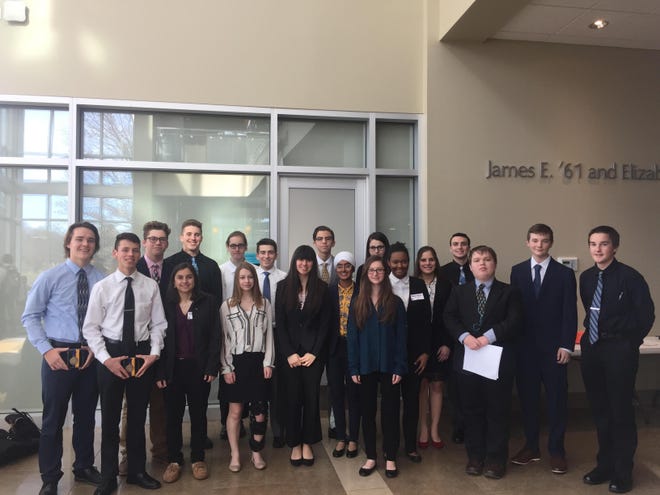 Lara Eltohami, sixth from right, and other members of the Future Leaders of America at Quakertown Community High School during a competition last year. Because of the coronavirus, the leadership club is missing out on competing on state levels. [COURTESY LARA ELTOHAMI]