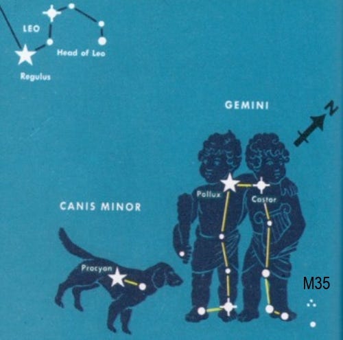 This star chart shows the bright star pair, Pollux and Castor, in Gemini the Twins. Also shown is the small, nearby constellation Canis Minor, the Little Dog, with its bright star Procyon. The star cluster M35 is marked. Turn this chart about an eighth of the way counter-clockwise to see how Gemini appears high in the south-southwest on an early April evening. [pachamamatrust.org]