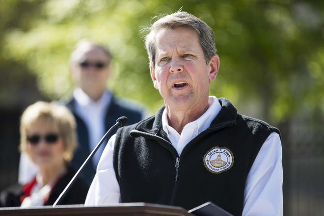 Gov. Brian Kemp speaks during a press conference at Liberty Plaza, across the street from the Georgia State Capitol building, in downtown Atlanta, Wednesday, April 1, 2020. During the presser, Gov. Kemp ordered all Georgia K-12 schools to be closed until the end of the academic school year. He also said he will sign an order on Thursday forcing a "Stay-at-home" order for all Georgians until April 13. (ALYSSA POINTER / ALYSSA.POINTER@AJC.COM)