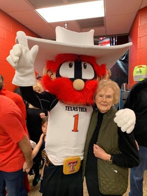 Mary Ruth West (right), wife of Gerald Glynn “Dirk” West who created Raider Red, passed away Saturday. Mary Ruth was known as the mother of Raider Red. [Courtesy Texas Tech]