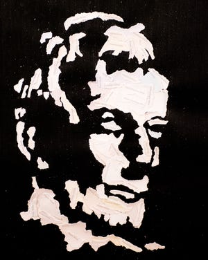 LCA artist Moses Pinkerton’s collage portrait of Abraham Lincoln is a study in black and whites, created from paint chips.  This work and other Black and White works from LCA artists will debut on the Lincoln Art Institute and Logan County Arts Facebook pages on April 9, the date originally marked for the Gallery opening of the exhibition. [Photo submitted]