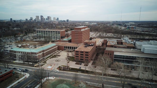 An aerial photo of the Battelle complex in the University District