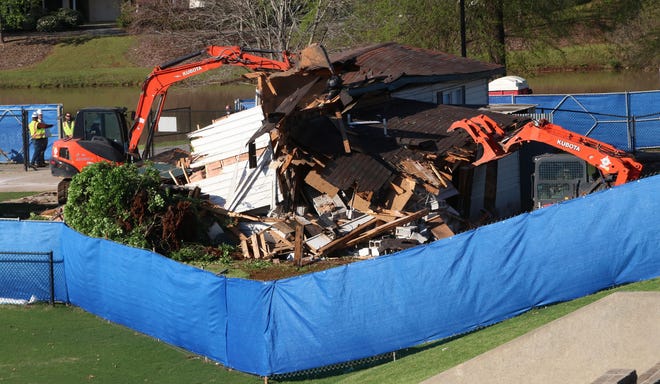 Demolition of the field house at Athens Academy on Wednesday, April 1, 2020 (photo by Matthew Caldwell/Athens Banner-Herald/mcaldwell@onlineathens.com)